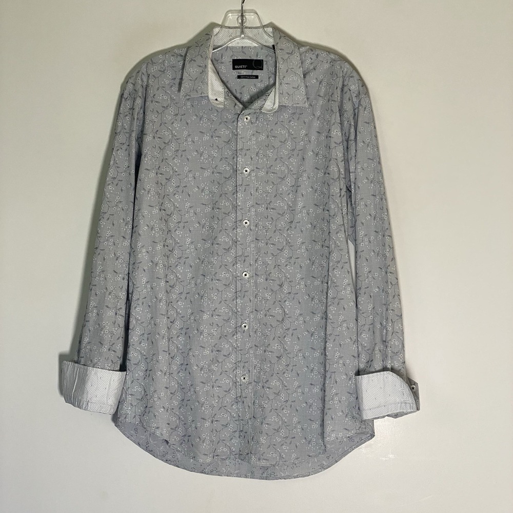 Quieti Shirt Mens Medium Gray Floral Check 100% Cotton Contrast Flip Cuff Casual